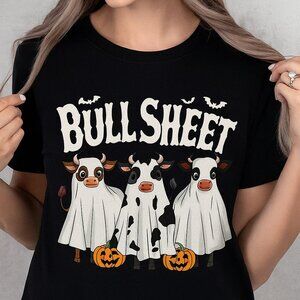 Next Level Crewneck T shirt In Black With Cute "BULL SHEET" Halloween transfer